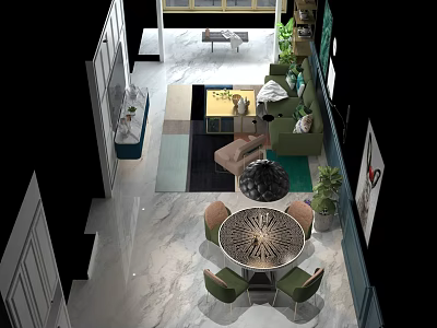 Modern Living Room Sofa Coffee Table Set With Area Rug And Green Plants 3d model