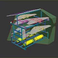 Weapon Storage System With Green Enclosure Blue Frame White Drones And Yellow Cylinders
