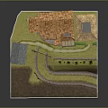 Cartoon Village Scene With Brown Roof House Small Cottage Fenced Path Green Grass And Trees