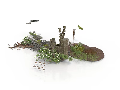 Modern Decorative Landscape With Green Plants Stone Accents And White Flowers 3d model