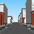 Commercial Street With White Buildings Red Porches Purple Flowering Trees White Fences Green Shrubs Cars