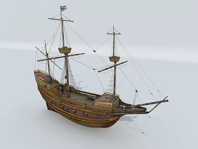 Antique Wooden Sailing Ship With Tall Masts Rigging And Decorative Hull 3d model Antique Wooden Sailing Ship With Tall Masts Rigging And Decorative Hull 3d model