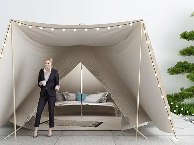 Stylish Canvas Tent With String Lights And Cozy Sofa Bed Outdoor Setup 3d model
