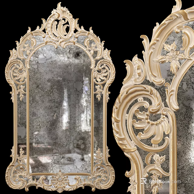 Luxury Ornate Mirror with Gold Frame and Intricate Carved Decorative Patterns 3d model 