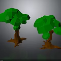 Low Poly Style Two Trees With Green Canopies And Brown Trunks On Gray Background