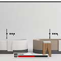 Modern Freestanding Bathtub With Wooden Stools White Beige Finishes Towels And Faucets