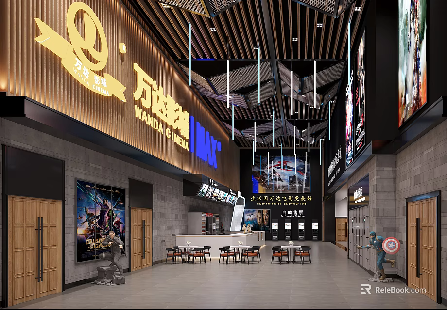 Modern Cinema Interior Design With Ticket Counter Movie Posters And Hanging Lights 3d model 