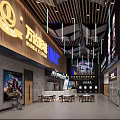 Modern Cinema Interior Design With Ticket Counter Movie Posters And Hanging Lights