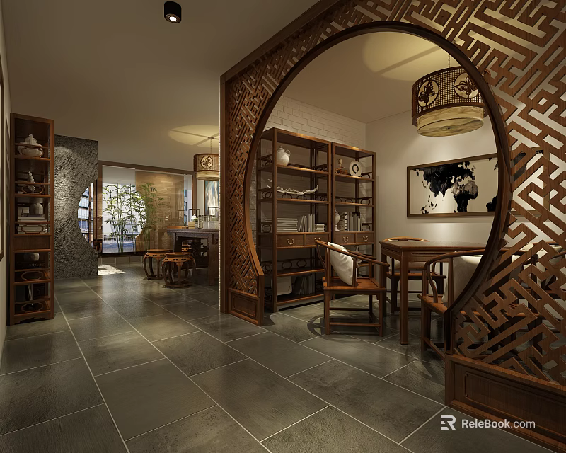 Traditional Chinese Teahouse Interior Featuring Carved Wooden Screen Wooden Furniture And Tea Sets On Shelves 3d model 
