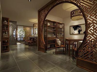 Traditional Chinese Teahouse Interior Featuring Carved Wooden Screen Wooden Furniture And Tea Sets On Shelves 3d model