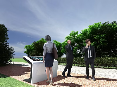 Outdoor Garden Ornaments With Display Stand People Interacting Green Trees Grass And Blue Sky 3d model