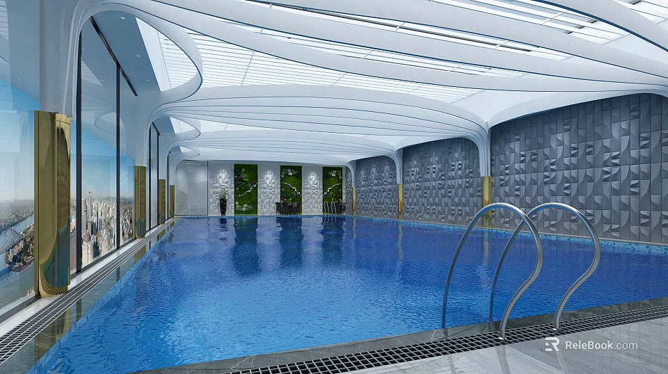 Modern Indoor Swimming Pool with Curved Ceiling Large Windows City View and Blue Water 3d model 