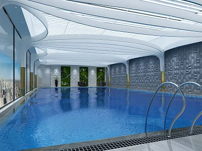 Modern Indoor Swimming Pool with Curved Ceiling Large Windows City View and Blue Water 3d model