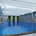 Modern Indoor Swimming Pool with Curved Ceiling Large Windows City View and Blue Water