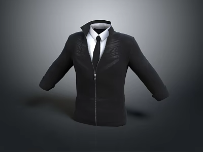 Stylish Black Zipper Jacket With White Shirt And Black Tie Outfit 3d model