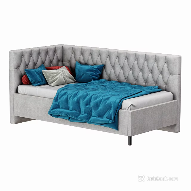 Grey Tufted Sofa Bed With Colorful Cushions And Blue Blanket 3d model 