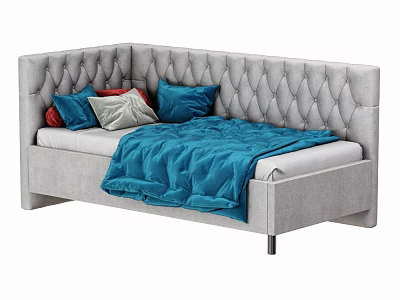 Grey Tufted Sofa Bed With Colorful Cushions And Blue Blanket 3d model