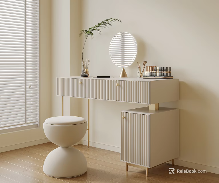 Modern Dressing Table With Round Mirror Cosmetics White Stool Light Colored Design And Blinds 3d model 