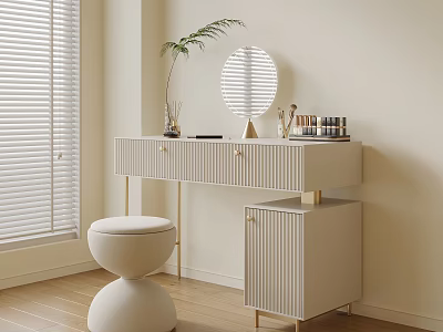 Modern Dressing Table With Round Mirror Cosmetics White Stool Light Colored Design And Blinds 3d model