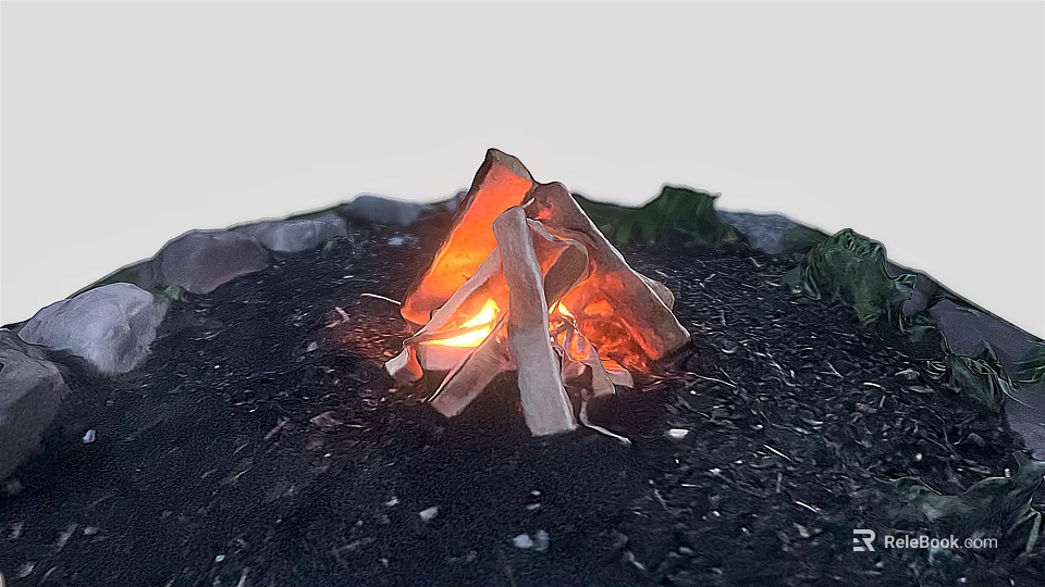 Small Decorative Campfire Garden Ornament With Black Soil Stones And Green Foliage 3d model 