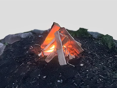 Small Decorative Campfire Garden Ornament With Black Soil Stones And Green Foliage 3d model