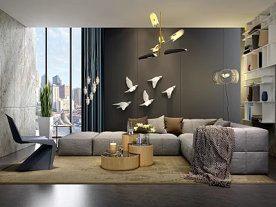 Modern Gray Sofa and Coffee Table Set with Bird Wall Decor City View Window 3d model