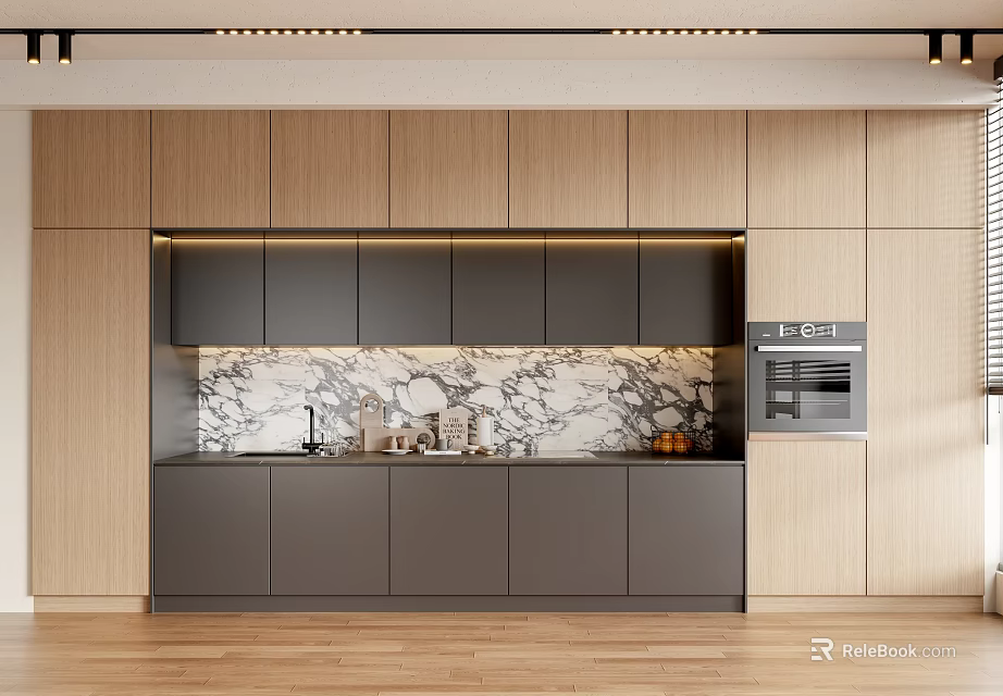 Modern Kitchen With Gray Cabinets Marble Backsplash Wooden Walls And Built in Appliances 3d model 