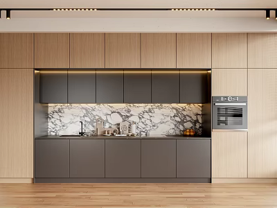 Modern Kitchen With Gray Cabinets Marble Backsplash Wooden Walls And Built in Appliances 3d model