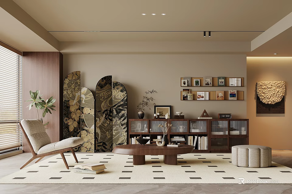 Elegant Modern Living Room with Wooden Screen Green Plant Photo Wall and Round Coffee Table 3d model 
