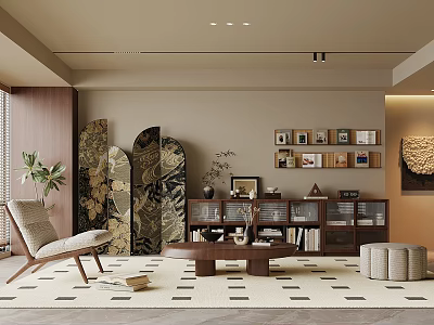 Elegant Modern Living Room with Wooden Screen Green Plant Photo Wall and Round Coffee Table 3d model