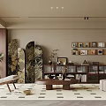 Elegant Modern Living Room with Wooden Screen Green Plant Photo Wall and Round Coffee Table