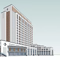 Modern Hotel Building With Tall Structure Multiple Windows And Attached Lower Buildings 3d model