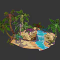 Tropical Island Landscape Featuring Palm Trees Small Waterfall Rocks And Sand Beach