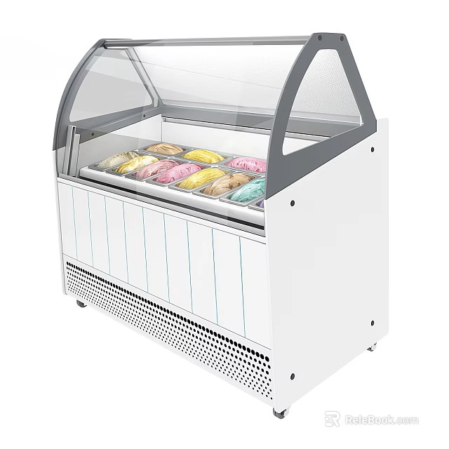 Display Freezer with Curved Glass Door White Cabinet Ice Cream Storage Ventilation Design 3d model 