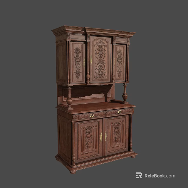 Traditional Wooden Wine Cabinet With Ornate Carved Doors And Storage Base 3d model 