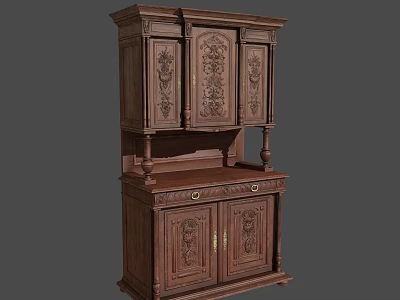 Traditional Wooden Wine Cabinet With Ornate Carved Doors And Storage Base 3d model