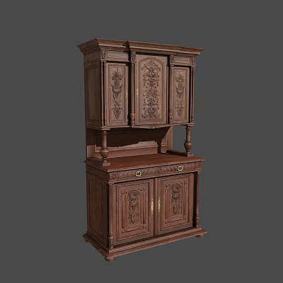 Traditional Wooden Wine Cabinet With Ornate Carved Doors And Storage Base 3d model
