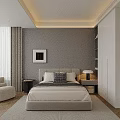 Modern Minimalist Bedroom With Bed Pillows Nightstand Table Lamp Armchair And Wooden Floor