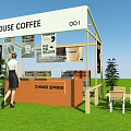 D HOUSE COFFEE Booth With Orange Counter Menu Posters Grass Area Chairs And Plants