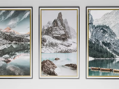 Three Scenic Landscape Paintings With Mountain Lake Reflections Rock And Forest 3d model