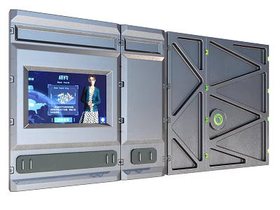 Advanced Tech Metallic Gate With Screen Display Geometric Panels Green Indicators And Control Buttons 3d model