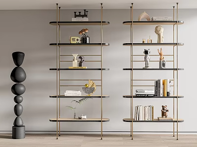 Modern Shelving Unit With Metal Frame Wooden Shelves And Decorative Ornaments 3d model