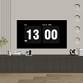 Modern Wooden TV Stand With Decorative Vase TV Screen Vertical Slats And Circular Wall Design