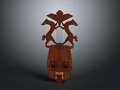 Handcrafted Wooden Harp With Carved Eagle Horses And Mask Design 3d model
