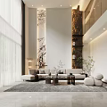 Bright Modern Duplex Living Room with Decorative Pillar Light Colored Sofa and Round Coffee Table