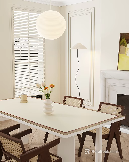 Modern Interior With Dining Table Set Wicker Chairs White Vase Flowers Floor Lamp And Fireplace 3d model 