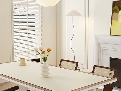 Modern Interior With Dining Table Set Wicker Chairs White Vase Flowers Floor Lamp And Fireplace 3d model