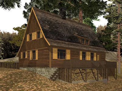 Tall Trees Surrounding Rustic Log Cabin With Brown Roof And Wooden Windows 3d model