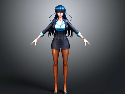 3D Character Model With Blue Long Hair Black Blazer Skirt Brown Stockings And High Heels 3d model