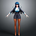 3D Character Model With Blue Long Hair Black Blazer Skirt Brown Stockings And High Heels